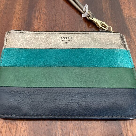 Fossil Green Patchwork Striped Leather Organizer Wallet Wristlet Strap 7" x 5"! - Picture 3 of 5